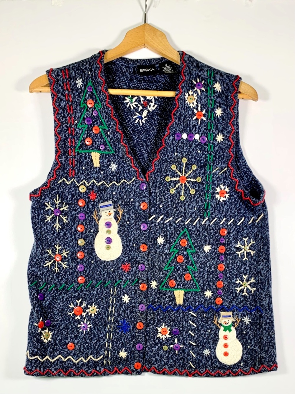 ERIKA Ugly Christmas Sweater Vest Blue Red Snowman Tree Snowflake Holiday Party